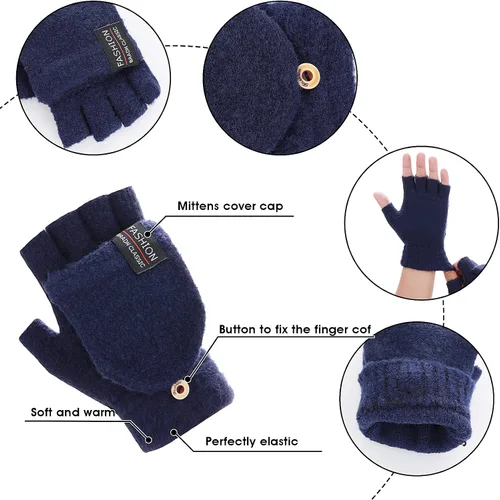 Vista 4 de THINP Guantes sin dedos para mujeres y hombres, guantes de invierno, guantes de lana cálida de punto sin dedos con tapa, guantes convertibles