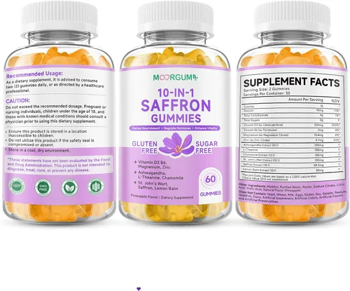 Vista 9 de Gomitas de Azafrán para Adultos y Niños, Suplemento Regulador de Cortisol 10-EN-1 con Azafrán 88.5mg, Vitamina D3, B6, Magnesio, Zinc, Ashwagandha