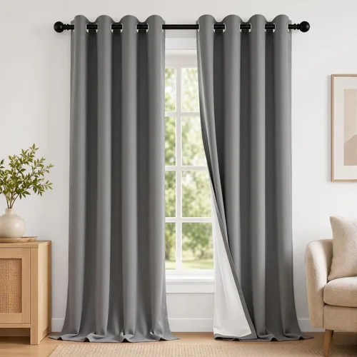 Vista 13 de 2 paneles de cortinas 100% opacas, de peso medio, con aislamiento térmico y ojales para dormitorio, sala de estar, tratamiento de ventana