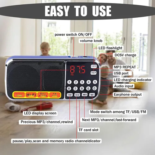 Vista 5 de Leting Radios AM portátil con altavoz MP3, soporte de radio portátil, tarjeta TF/USB, radio FM con batería recargable, mini radio con la mejor Azul