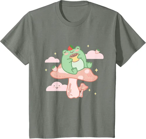 Vista 75 de Kawaii Strawberry Frog On Mushroom - Camiseta de manga corta de anime, Azul / Patchwork, S Azul Pastel