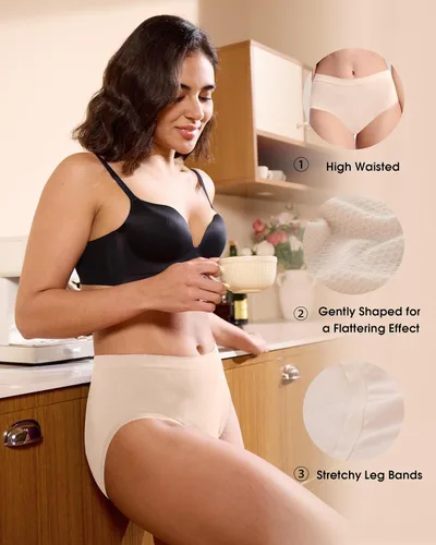 Vista 6 de BAMBOO COOL Ropa interior para mujer, bragas sin costuras, absorben la humedad, cobertura completa y elástica