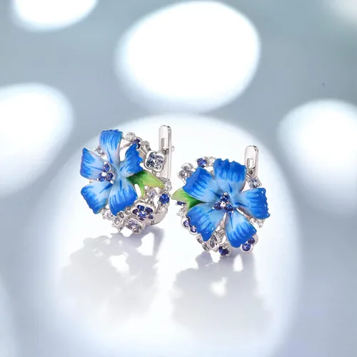 Vista 4 de Santuzza - Pendientes de plata de ley con flores esmaltadas y gemas de plata esterlina