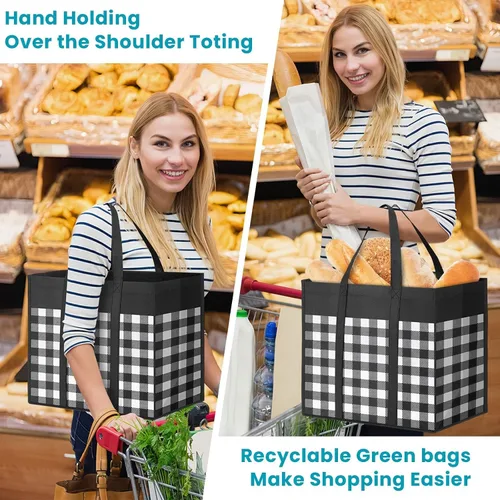 Vista 2 de WOWBOX Bolsas de comestibles reutilizables, paquete de 4, bolsas de compras plegables reutilizables a granel con asas reforzadas, bolsas