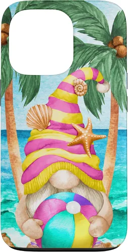 Vista 10 de iPhone 16 Funny Hawaiian Summer Gnome Under Palm Tree For Beach Surfer Case