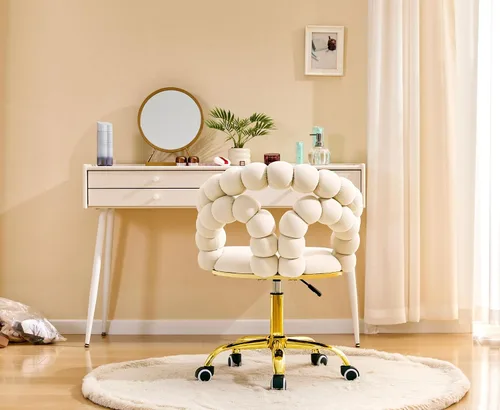 Vista 2 de Velvet Swivel Desk Chair with Bubble Back, Adjustable Height Computer Chair with Gold Metal Base, Modern Rolling Vanity Chair for Home Office (Beige)