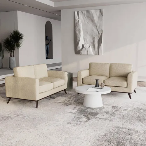 Vista 8 de LeisureMod Chester - Sofá de dos plazas de cuero y malla con base de madera de abedul para sala de estar, dormitorio u oficina (malla beige)
