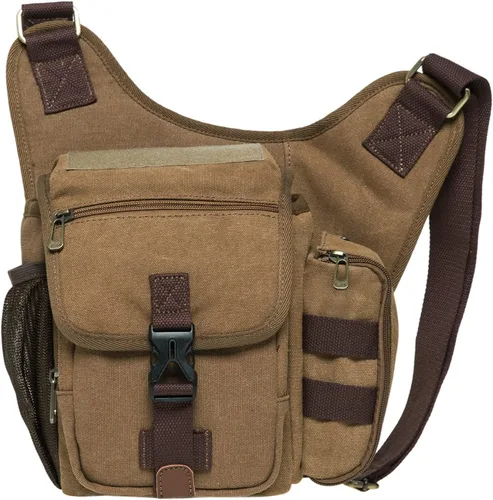 Vista 15 de Bolso de mensajero de lona vintage para hombre, bolso de mensajero de retazos de cuero en el pecho