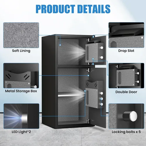 Vista 6 de Caja Fuerte Grande de 6.5 Pies Cúbicos a Prueba de Fuego e Impermeable, Caja Fuerte para Dinero con Función Silenciosa y Luz LED, Cajas Fuertes