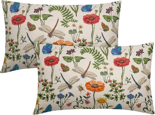 Vista 27 de Juego de 2 fundas de almohada de primavera de 16 x 16 pulgadas, diseño de conejo, flores rosas, hojas verdes salvia, plantas botánicas vintage