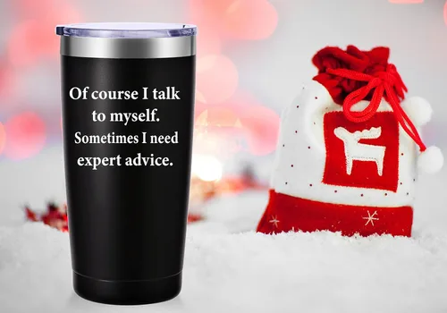 Vista 4 de AMZUShome Taza de viaje con texto en inglés "Of Course I Talk To Mysel". Regalos divertidos con mensajes. Regalos para mamá, papá, hermano, hermana