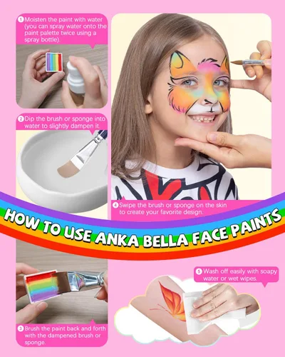 Vista 7 de Anka Bella Pintura facial profesional activada por agua, kit de pintura facial no tóxica para niños y adultos, incluye pastel de arcoíris, pastel