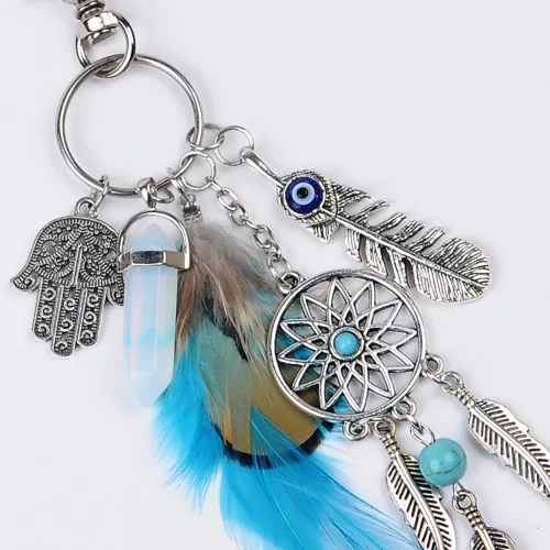 Vista 4 de Llavero de atrapasueños de moda con adorno bohemio de plumas, Azul