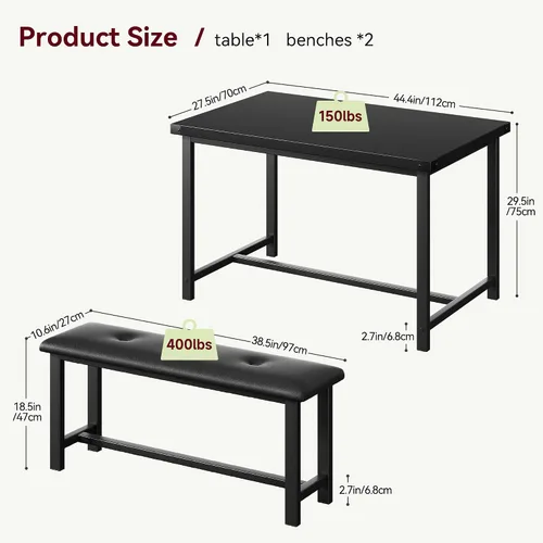 Vista 6 de Juego de mesa de comedor IDEALHOUSE para 4, mesa de cocina con banco tapizado, juego de mesa de comedor rectangular de 3 piezas con 2 bancos