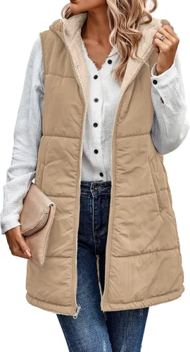 Vista 25 de ECOWISH Chaleco largo acolchado para mujer: chaqueta de forro polar reversible con cremallera para otoño 2025, abrigo de invierno cálido sin mangas