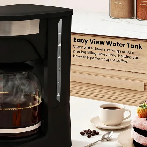 Vista 7 de Cafetera de 12 tazas, cafetera de goteo, filtro reutilizable, mantiene el calor y pausa automática, tanque de agua de fácil visión, cafetera