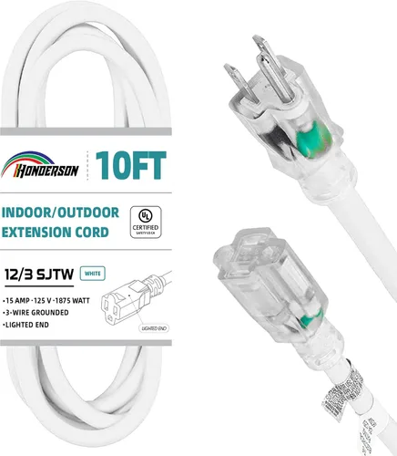 Vista 15 de Cable de extensión resistente a la intemperie con extremo iluminado, certificado UL, calibre 10, 3 pies, color blanco, 3 clavijas, resistente, cable