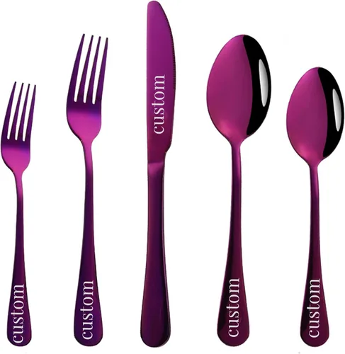 Vista 9 de Juego de cubiertos personalizado de acero inoxidable, cuchillo grabado, tenedores, cuchara, nombres personalizados se grabarán en tu vajilla, regalo