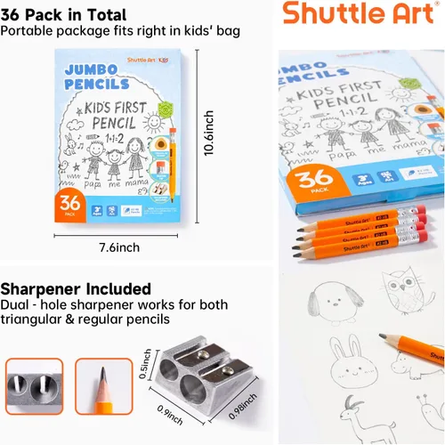 Vista 7 de Shuttle Art Lápices jumbo – Paquete de 36 lápices triangulares preafilados #2 HB con borradores y sacapuntas superiores, para niños de 4 a 6 años