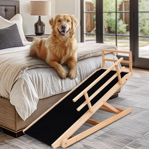 Vista 9 de Rampa para perros para cama, rampa de madera ajustable para mascotas de 46 Beige