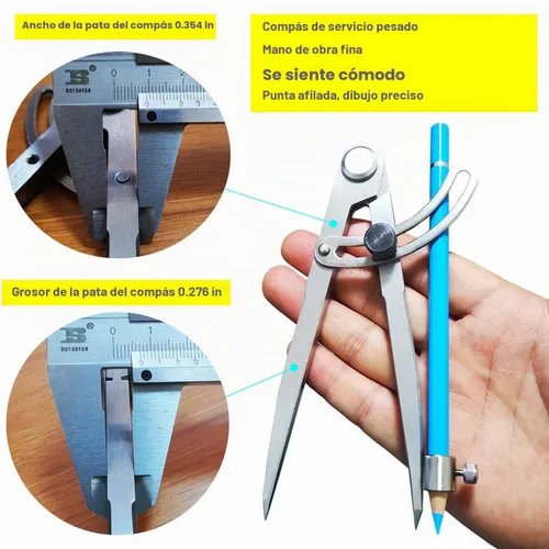 Vista 4 de Compás profesional de carpintería de 6/8/10 pulgadas con portaminas y ala con seguro, compás de geometría y dibujo técnico para carpintero