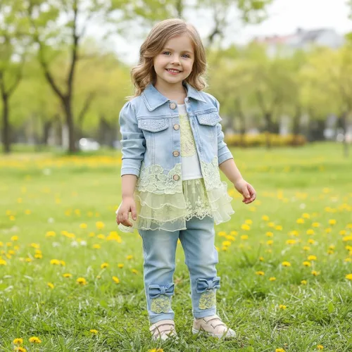 Vista 7 de Yao Conjuntos de ropa de mezclilla para bebés y niñas, conjuntos de 3 piezas, camisa de mezclilla y jeans