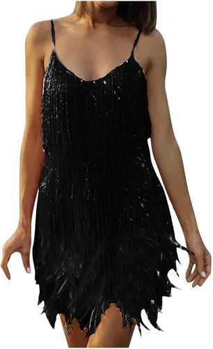 Vista 5 de Vestido sexy de lentejuelas con flecos para mujer, sin mangas, con tirantes delgados, vestido de fiesta, cóctel, noche, mini vestido ajustado