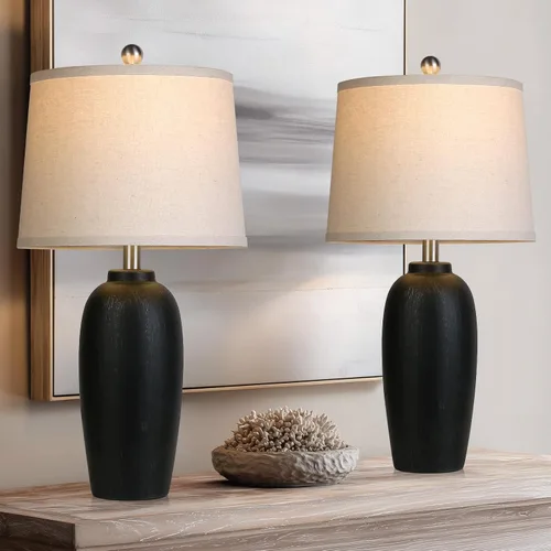 Vista 10 de Juego de 2 lámparas de mesa en tarro de cerámica de 25 pulgadas para dormitorio, lámparas de mesita de noche beige para sala de estar