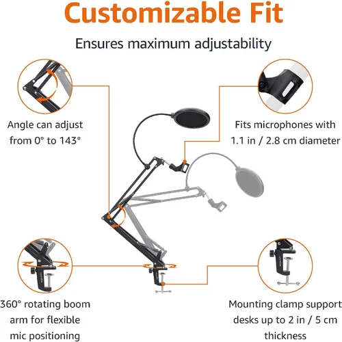 Vista 2 de Amazon Basics Soporte de micrófono ajustable, filtro pop, pantalla antiviento, para Blue Yeti, Snowball, Shure, Audio-Technica, otros micrófonos, 14