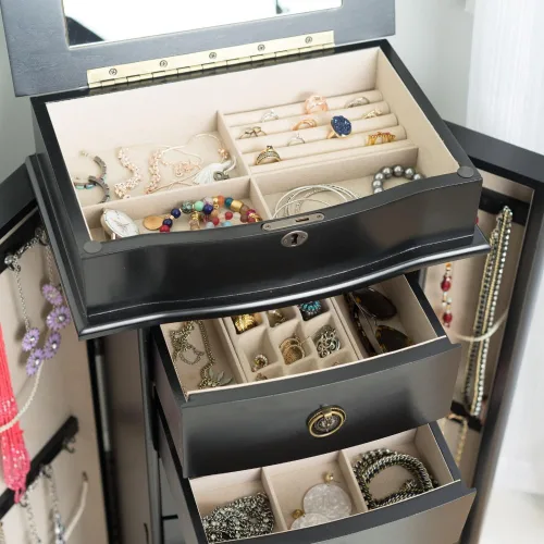 Vista 7 de Alveare Home North Jewelry Armoire - Organizador de almacenamiento con cierre con siete cajones espaciosos, color negro