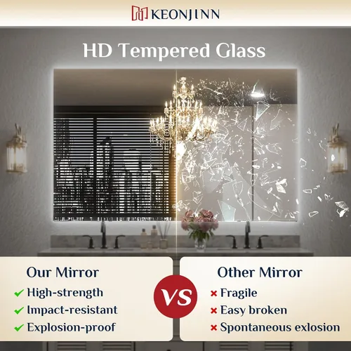 Vista 6 de Keonjinn - Espejo de 48x30 pulg retroiluminado LED para baño/tocador, luz de 3 colores ajustables blanca/cálida/natural, lúmenes altos, montaje