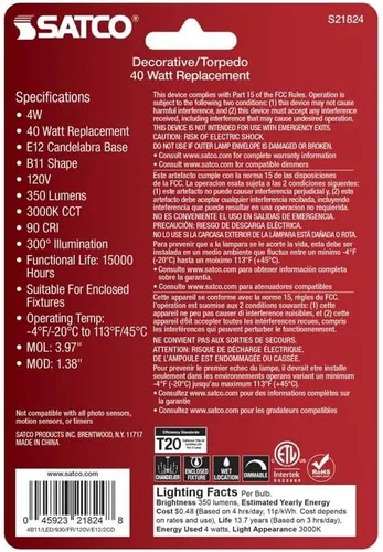 Vista 3 de Satco 21824-4B11/LED/930/FR/120V/E12/2CD Decorativa (S21824) Bombilla LED de punta roma