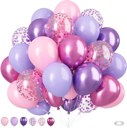 Vista 23 de Globos rosa púrpura negros, 50 unidades de 12 pulgadas, globos de cumpleaños con forma de corazón impresos en color rosa púrpura metálico negro
