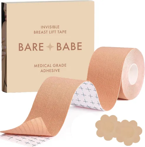 Vista 10 de Bare Babe Boob Tape for Breast Lift, Hypoallergenic Adhesive Tape with 10 Satin Nipple Covers, Strapless Bra, 2 in
