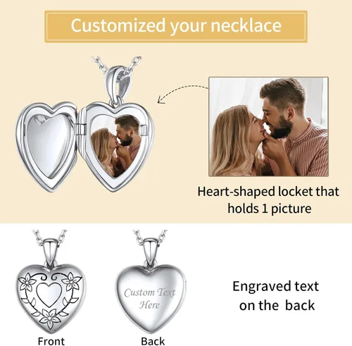 Vista 7 de ChicSilver Collar con medallón de flores grabadas de plata de ley 925 para mujeres que sostienen imágenes, medallón personalizado con imagen, cadena