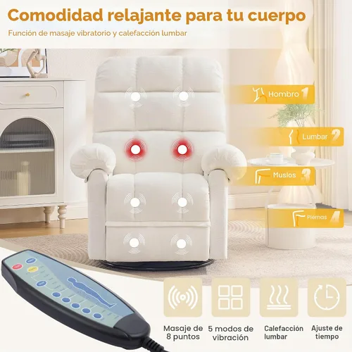 Vista 5 de Korser Silla reclinable giratoria de 360°, mecedora con masaje y calor, reclinables pequeños para espacios pequeños, silla reclinable manual