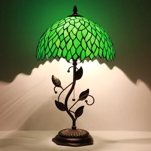 Vista 10 de Tiffany Table Lamp, Pink Stained Glass Desk Light, W12H19 Inch, Metal Leaf Base (Pink Baroque Style)