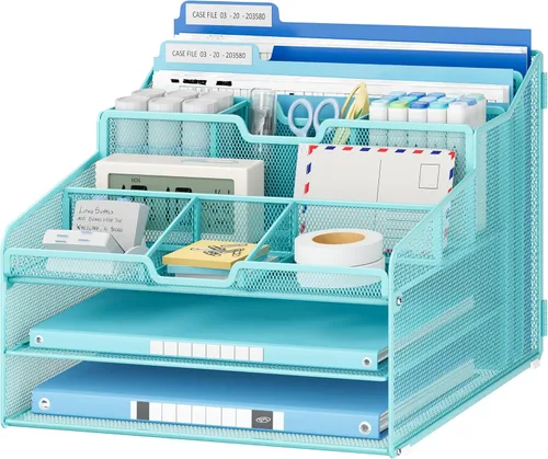 Vista 14 de Lavatino Organizador de escritorio, malla metálica con 2 bandejas de papel para cartas, 7 divisores flexibles, 2 soportes verticales para archivos
