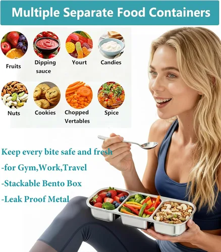 Vista 5 de Contenedores de almacenamiento de alimentos con tapa hermética, contenedores de aperitivos de acero inoxidable, caja de almuerzo de metal a prueba