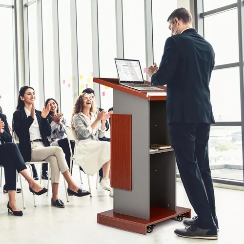 Vista 4 de Soporte de podio de madera con ruedas+soporte de micrófono ajustable, podio portátil de oficina móvil para conferencias, podio de conferencias