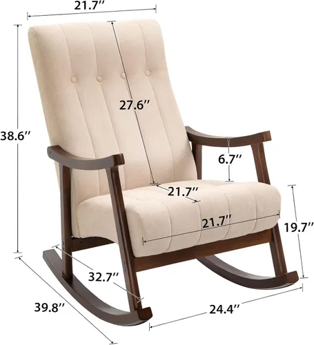 Vista 3 de AVAWING Silla mecedora tapizada con asiento acolchado de tela, cómoda balancín de madera maciza para sala de estar, silla moderna de respaldo alto