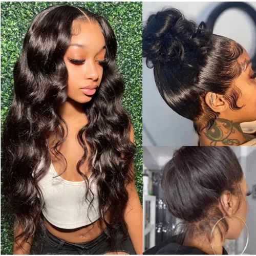 Vista 7 de catti Pelucas de cabello humano ondulado con encaje frontal 360, densidad 220, pelucas de encaje frontal HD, peluca de cabello humano prearrancado