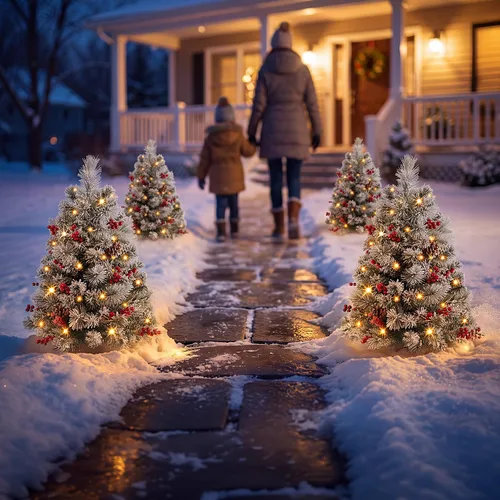 Vista 6 de OasisCraft - Juego de 2 árboles de Navidad artificiales para exterior de 24 pulgadas con relleno de urna escarchada, árbol de Navidad preiluminado