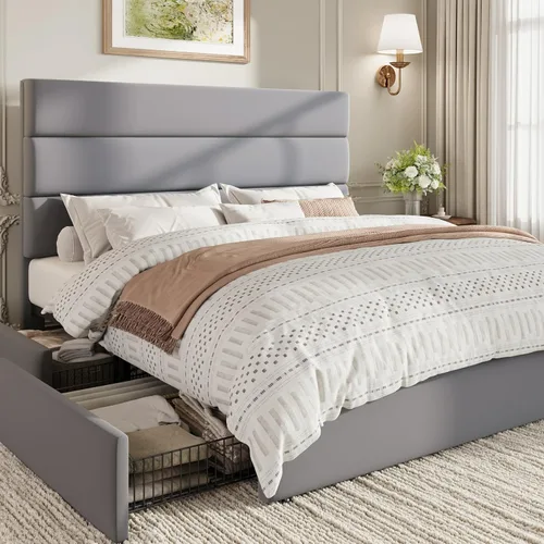 Vista 13 de SHA CERLIN Base de cama de plataforma de tamaño matrimonial con 4 cajones de almacenamiento, cabecera tapizada de terciopelo, base de colchón