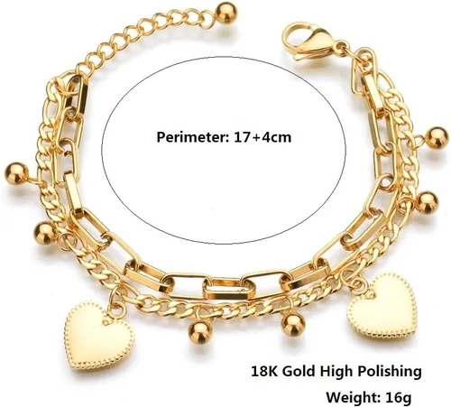 Vista 4 de LUREME Pulsera de acero inoxidable de oro de 18 quilates con dijes de bola y corazón para mujer, Acero inoxidable, Sin gemas.