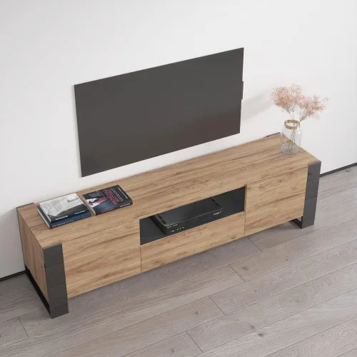 Vista 5 de Woody - Soporte de TV moderno de alto brillo de 71 pulgadas (roble/gris)