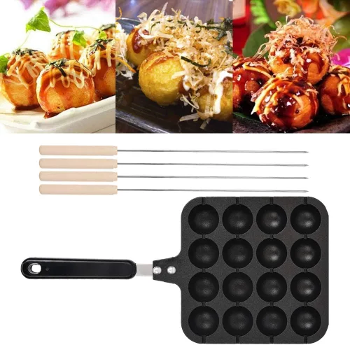 Vista 4 de Takoyaki - Plato para parrilla, bandeja Takoyaki sólida antiadherente con 4 agujas de hornear para Takoyaki y panqueques redondos