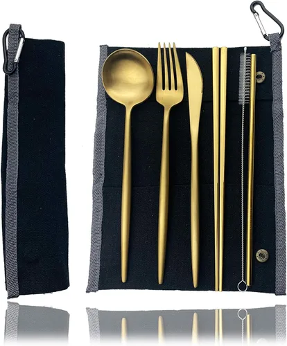 Vista 23 de JASHII Juego de cubiertos de viaje de acero inoxidable, tenedor, cuchara, cuchillo, pajilla, cubiertos reutilizables con estuche, juego de Rosa