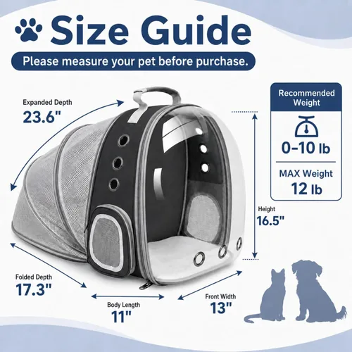 Vista 2 de Mochila expandible para gatos y perros, mochila de viaje para mascotas con ventana de burbujas con malla transpirable, estructura anticolapso, Negro