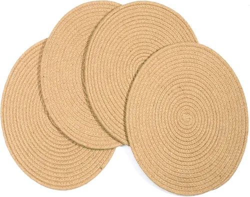 Vista 8 de Juego de 4 manteles individuales tejidos de yute, manteles individuales redondos trenzados, cuerda de yute natural, cargadores de platos grandes